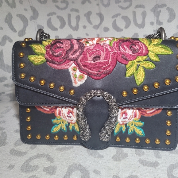 Floral Gold Studded Faux Leather Chain Strap Black - Picture 2 of 14